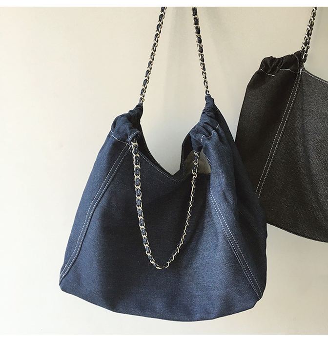 Slouchy Denim Shoulder Tote with Chain Straps