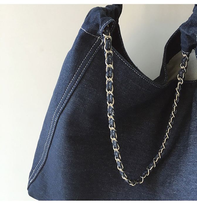 Slouchy Denim Shoulder Tote with Chain Straps