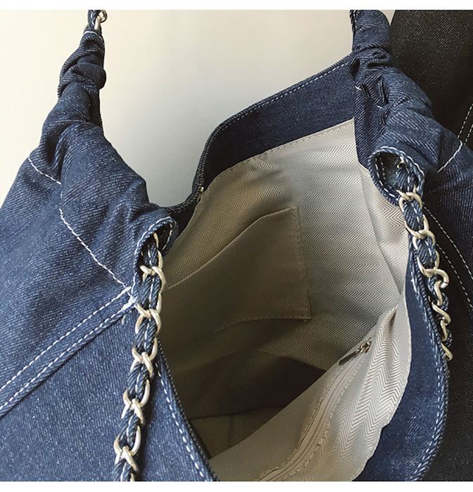 Slouchy Denim Shoulder Tote with Chain Straps