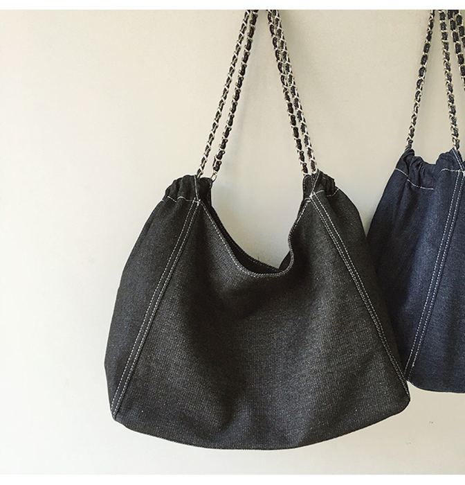 Slouchy Denim Shoulder Tote with Chain Straps