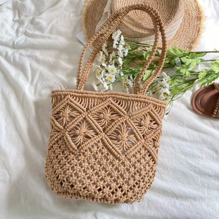 Diamond-Pattern Cotton Bucket Shoulder Bag