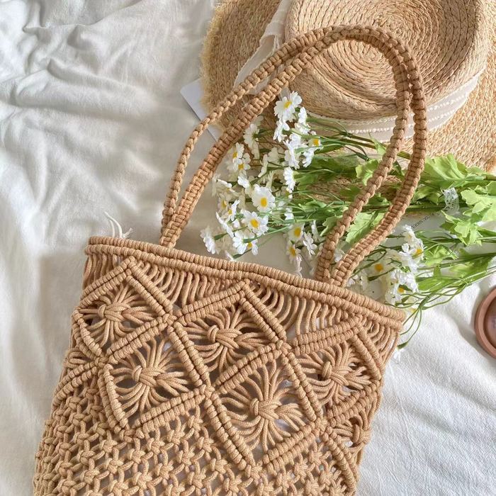 Diamond-Pattern Cotton Bucket Shoulder Bag