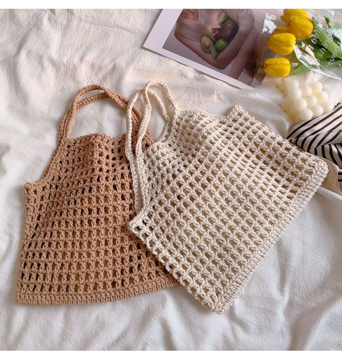 Cotton Knit Fishnet Tote with Wide Top Handles