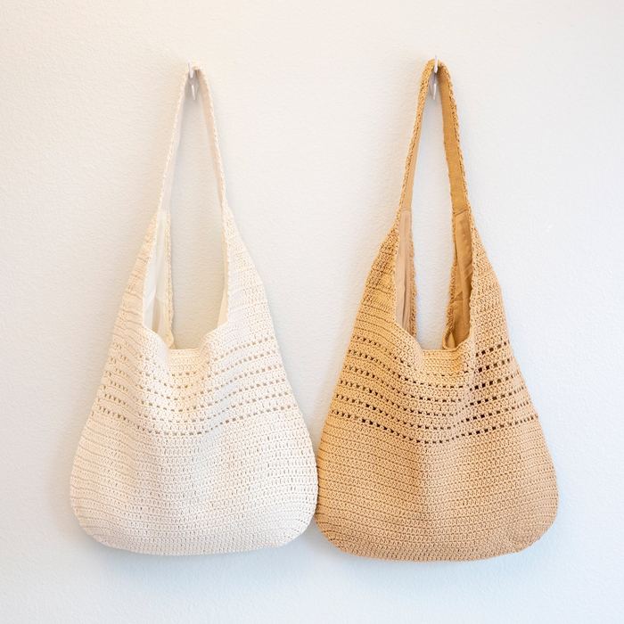 Rounded Cotton Knit Shoulder Bag with Openwork Bands