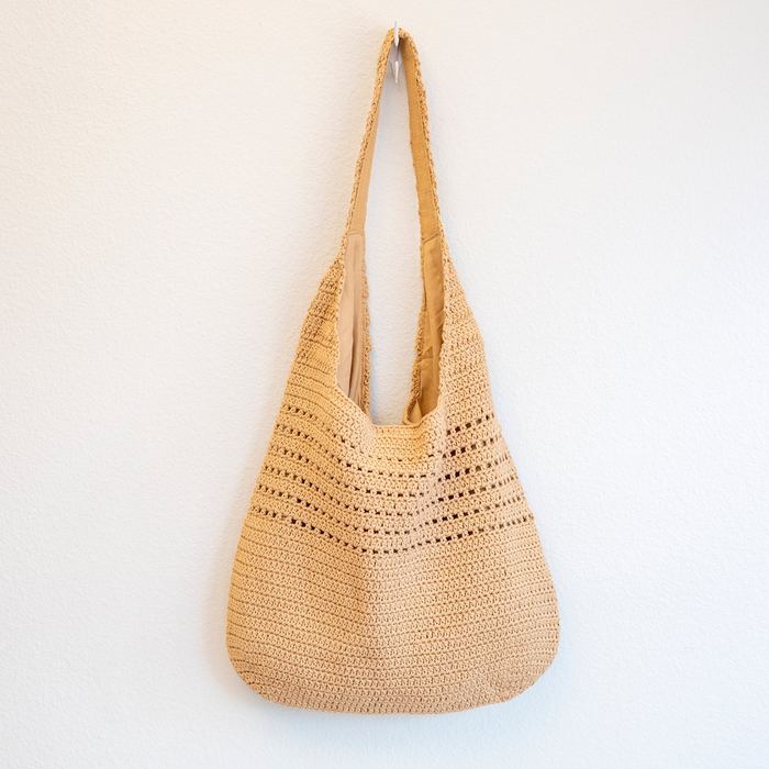 Rounded Cotton Knit Shoulder Bag with Openwork Bands
