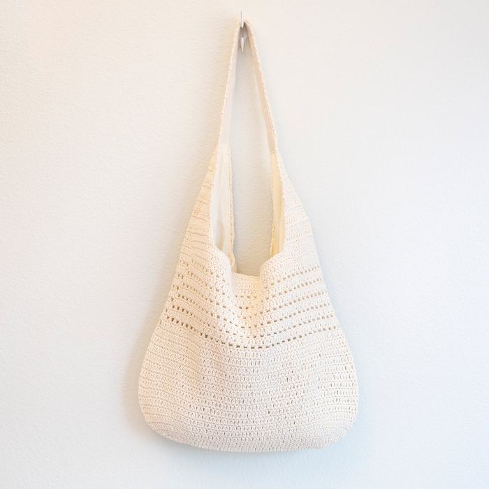 Rounded Cotton Knit Shoulder Bag with Openwork Bands