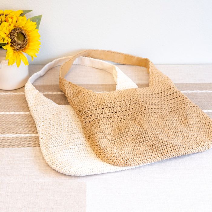 Rounded Cotton Knit Shoulder Bag with Openwork Bands