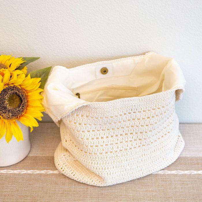 Rounded Cotton Knit Shoulder Bag with Openwork Bands