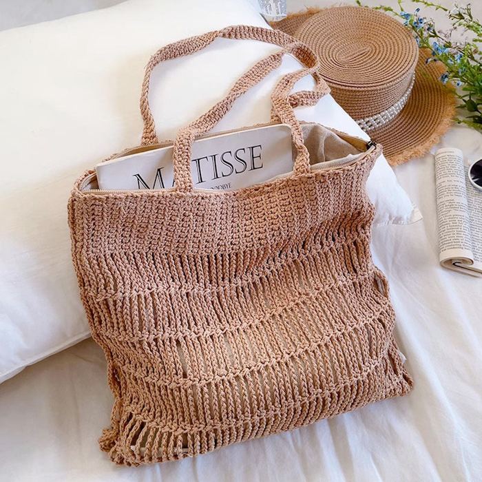 Openwork Knit Shoulder Tote with Horizontal Bands