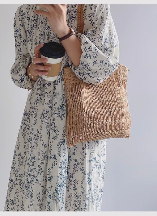 Openwork Knit Shoulder Tote with Horizontal Bands