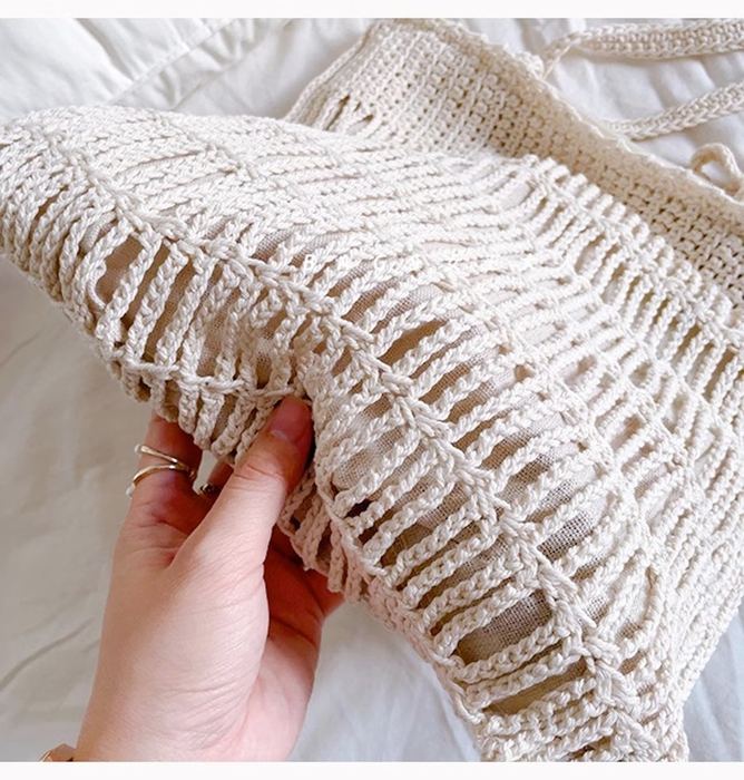 Openwork Knit Shoulder Tote with Horizontal Bands