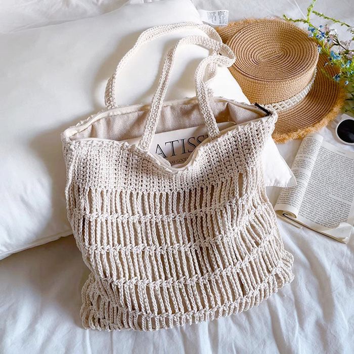 Openwork Knit Shoulder Tote with Horizontal Bands