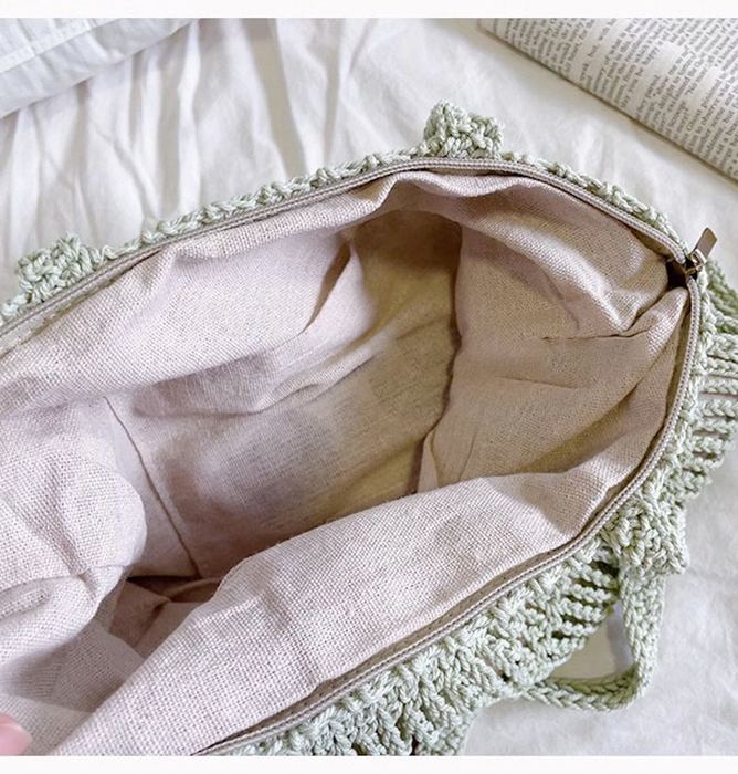 Openwork Knit Shoulder Tote with Horizontal Bands