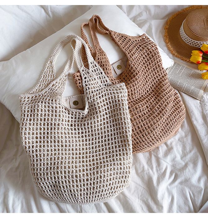 Open-Mesh Cotton Knit Shoulder Bag