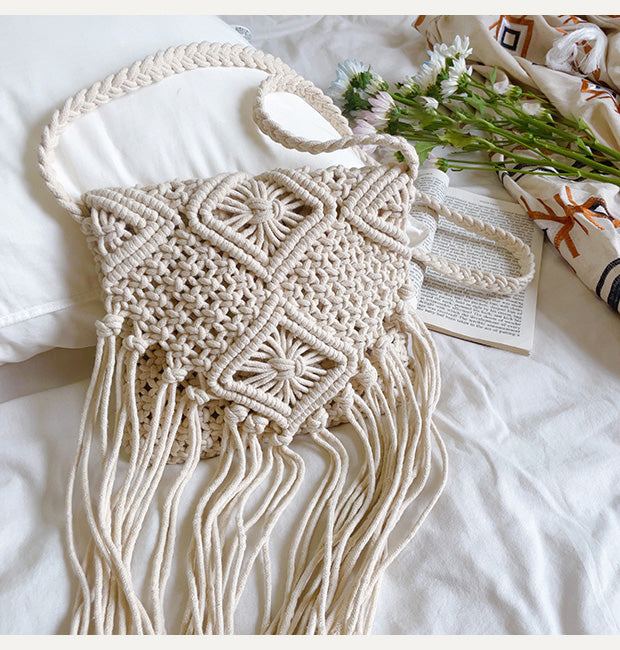 Cotton Macrame Crossbody Bag with Long Fringe