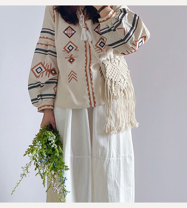 Cotton Macrame Crossbody Bag with Long Fringe