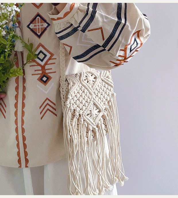 Cotton Macrame Crossbody Bag with Long Fringe