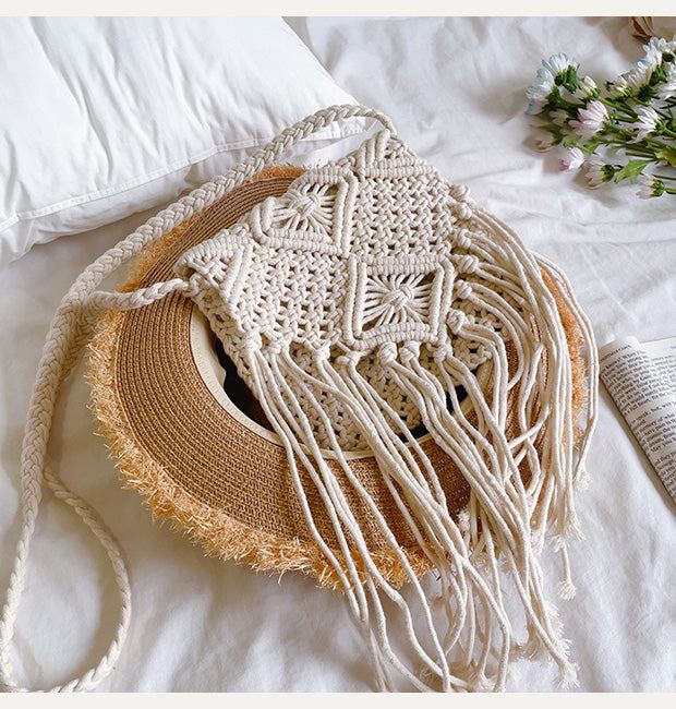 Cotton Macrame Crossbody Bag with Long Fringe