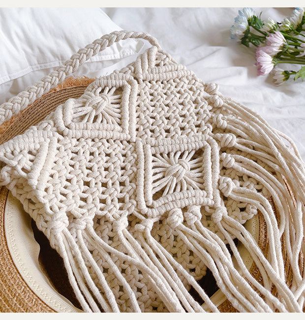 Cotton Macrame Crossbody Bag with Long Fringe