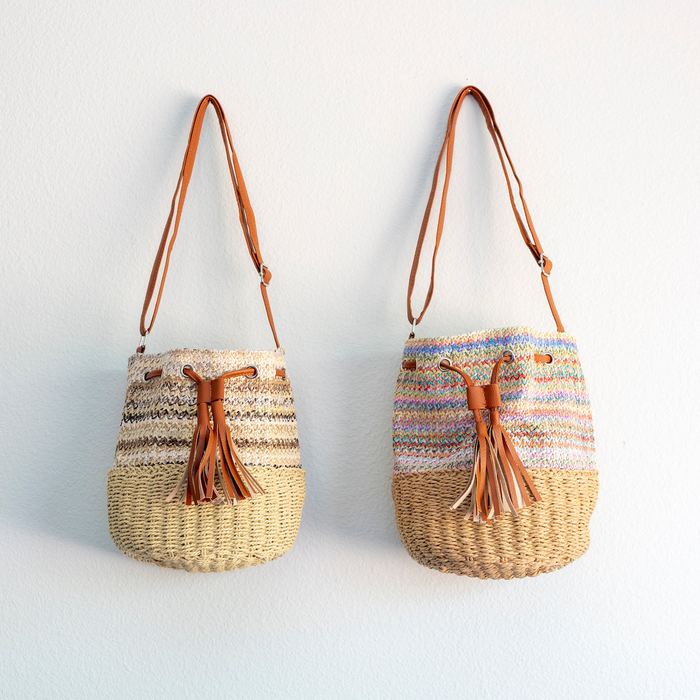Striped Straw Bucket Bag with Front Tassel