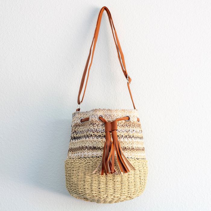 Striped Straw Bucket Bag with Front Tassel