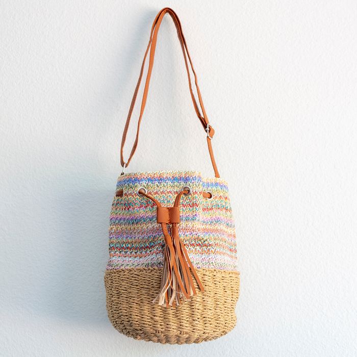Striped Straw Bucket Bag with Front Tassel