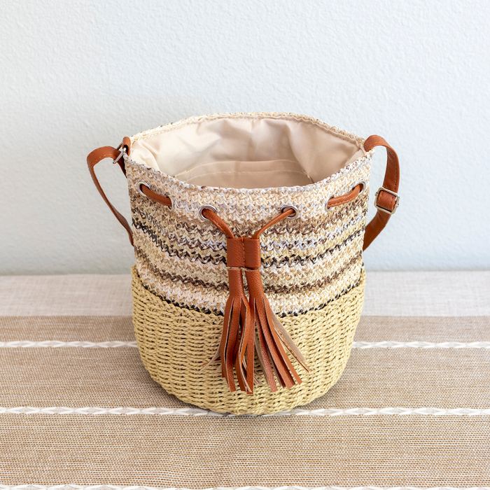 Striped Straw Bucket Bag with Front Tassel
