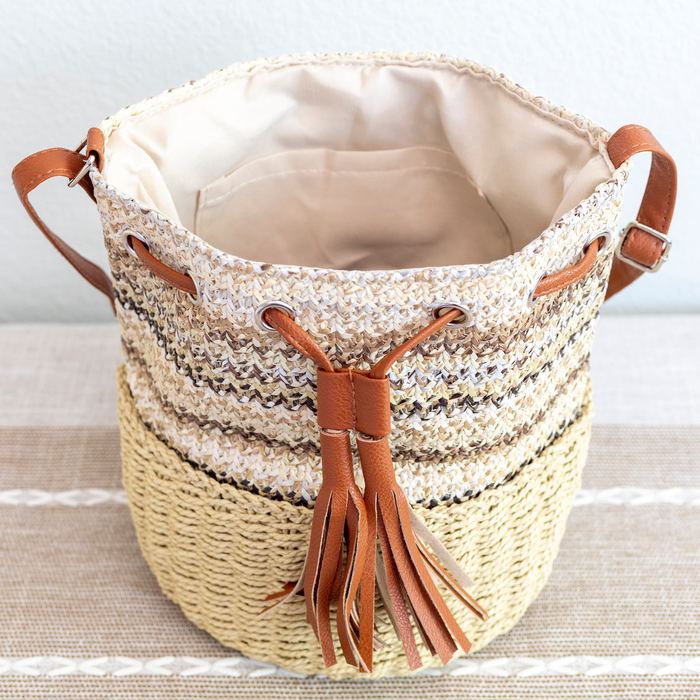 Striped Straw Bucket Bag with Front Tassel