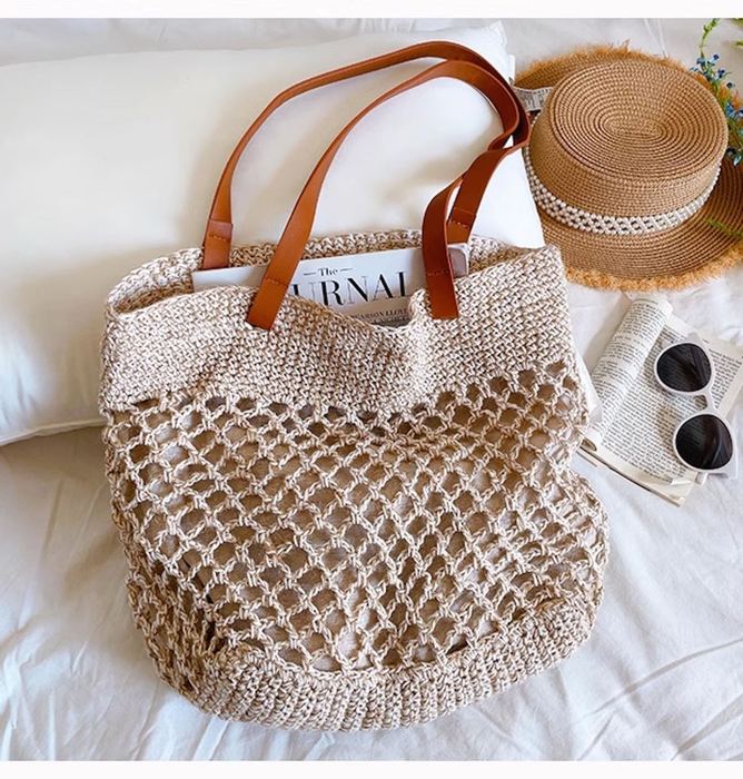 Fishnet Knit Shoulder Tote with Contrast Brown Handles