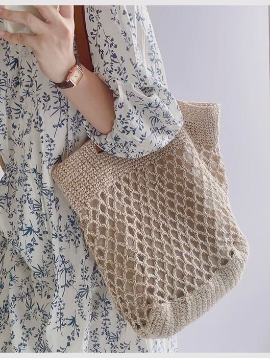 Fishnet Knit Shoulder Tote with Contrast Brown Handles
