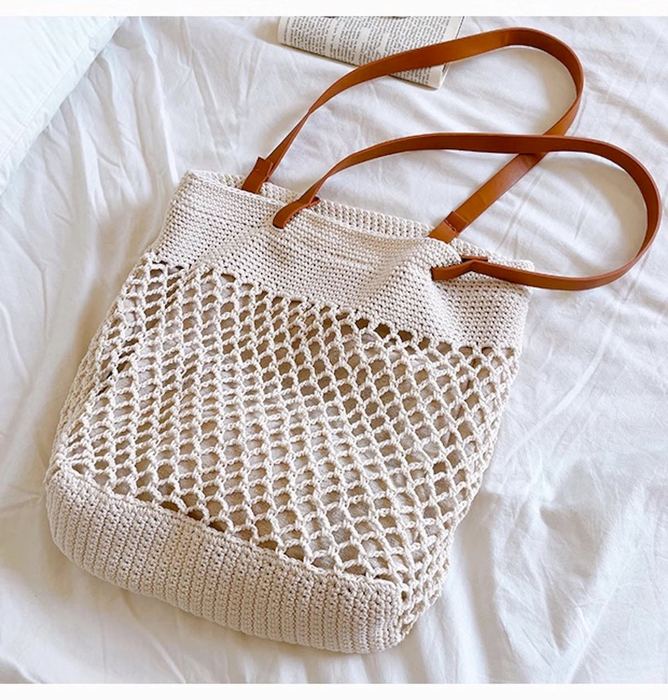 Fishnet Knit Shoulder Tote with Contrast Brown Handles