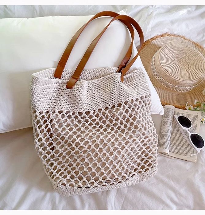 Fishnet Knit Shoulder Tote with Contrast Brown Handles