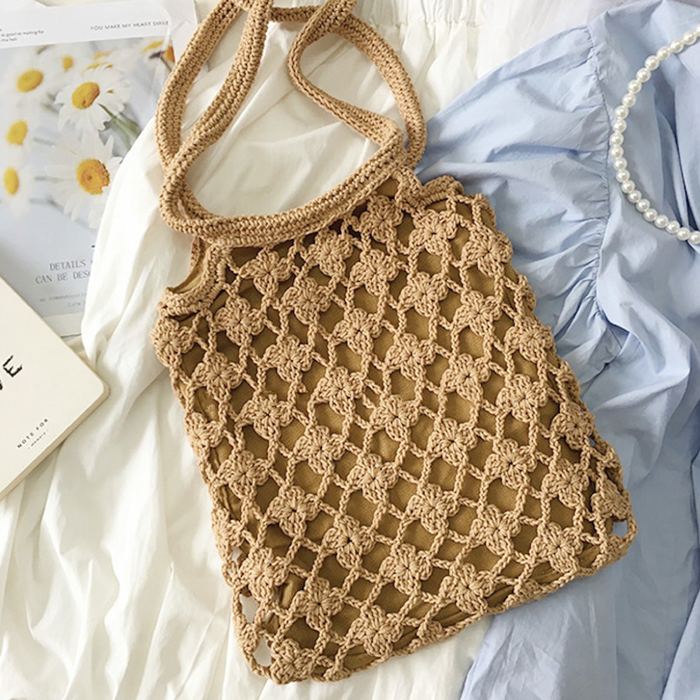 Crochet Shoulder Tote with Diagonal Openwork Pattern