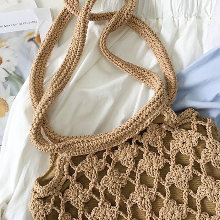Crochet Shoulder Tote with Diagonal Openwork Pattern