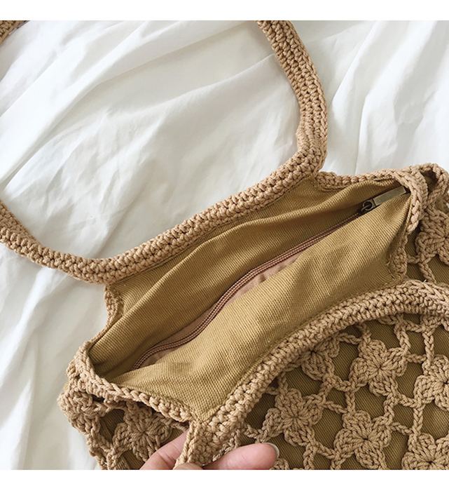 Crochet Shoulder Tote with Diagonal Openwork Pattern