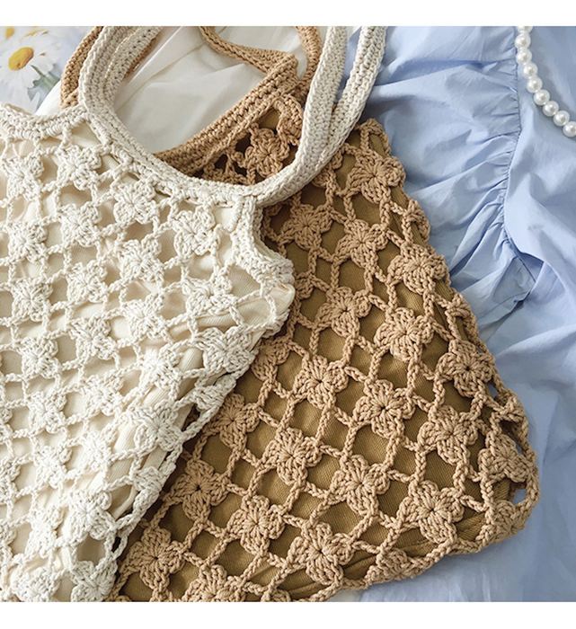 Crochet Shoulder Tote with Diagonal Openwork Pattern