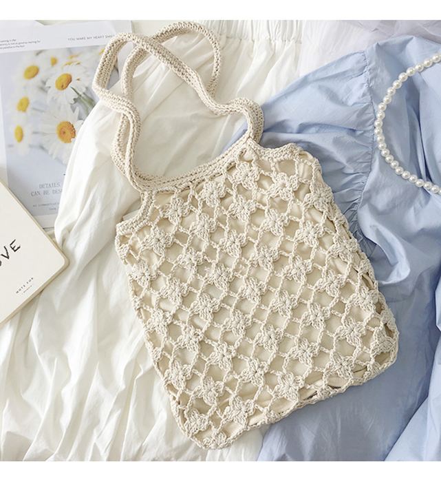 Crochet Shoulder Tote with Diagonal Openwork Pattern