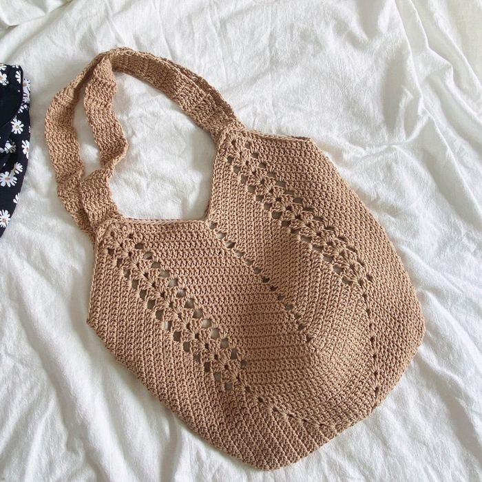 Crochet Hobo Shoulder Bag with Openwork Side Panels