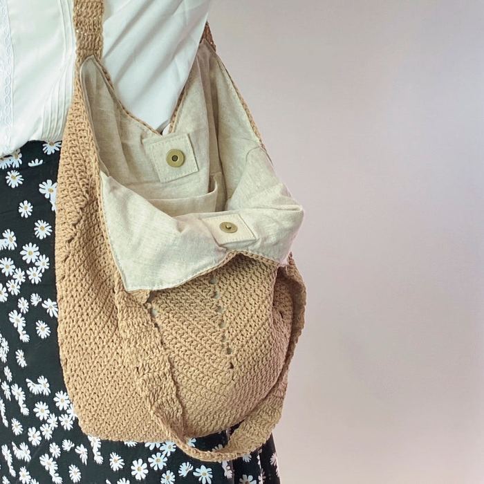 Crochet Hobo Shoulder Bag with Openwork Side Panels