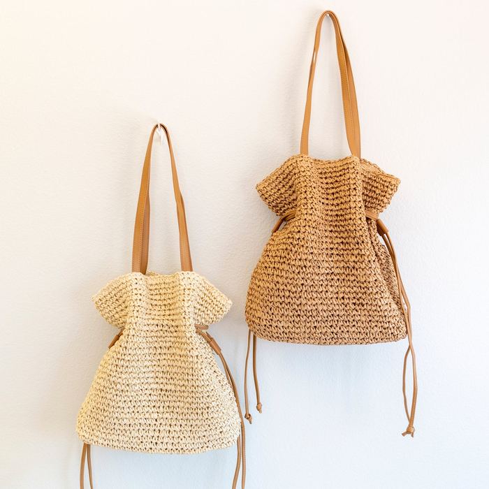 Gathered-Side Woven Straw Shoulder Tote