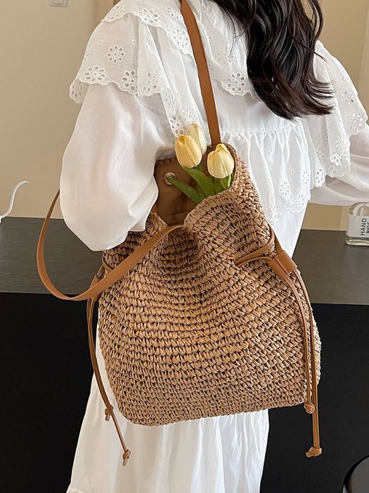 Gathered-Side Woven Straw Shoulder Tote