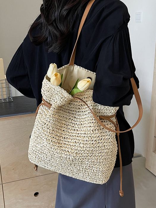 Gathered-Side Woven Straw Shoulder Tote