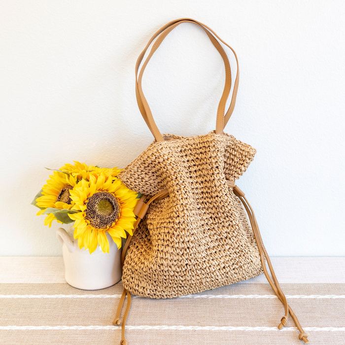 Gathered-Side Woven Straw Shoulder Tote