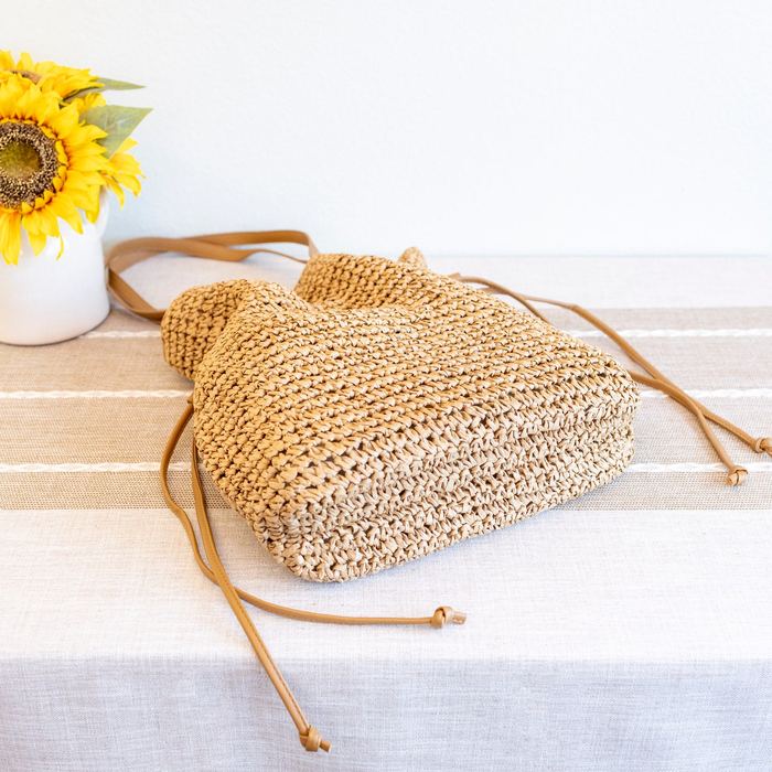 Gathered-Side Woven Straw Shoulder Tote
