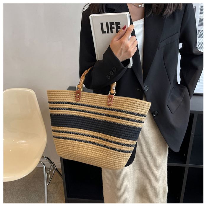 Wide Woven Basket Tote with Rounded Top Handles