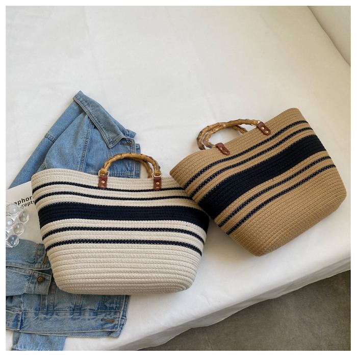 Wide Woven Basket Tote with Rounded Top Handles