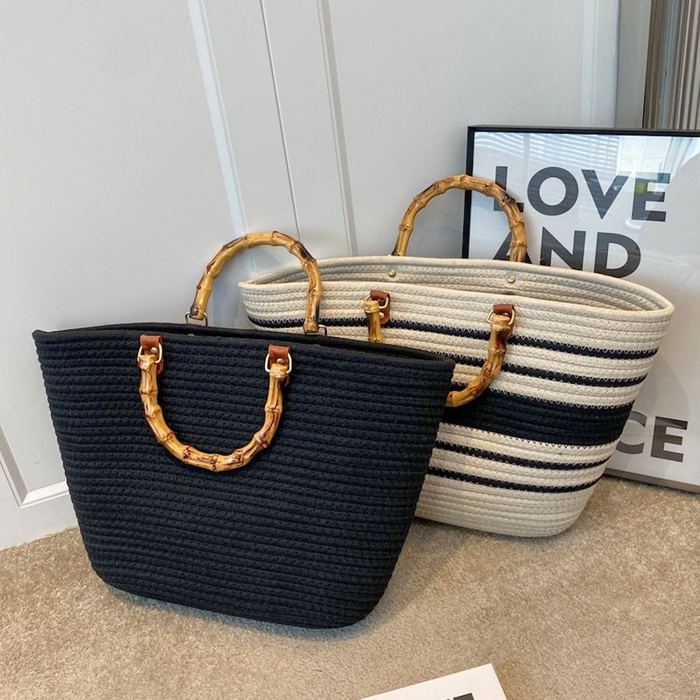 Wide Woven Basket Tote with Rounded Top Handles