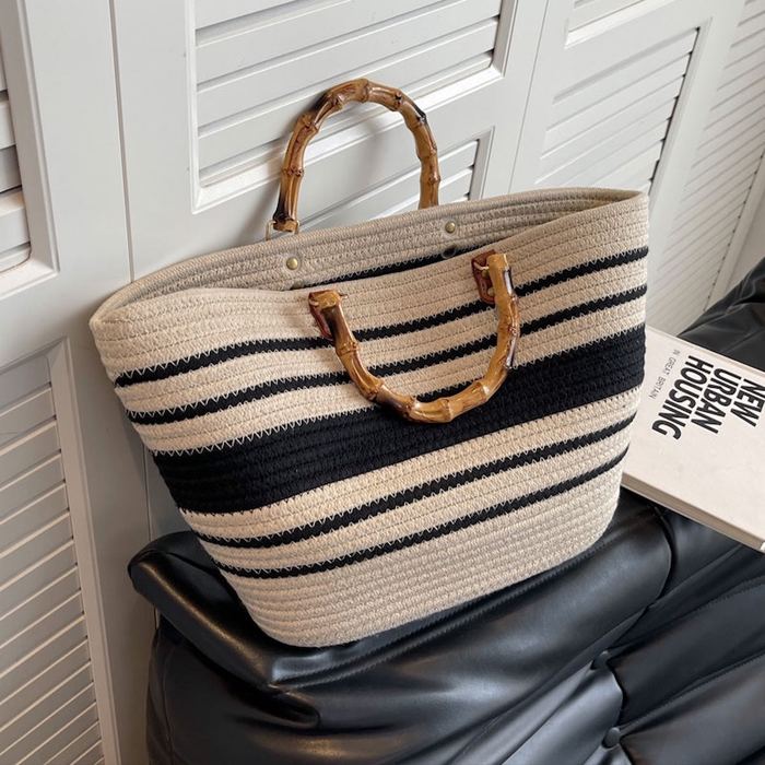 Wide Woven Basket Tote with Rounded Top Handles