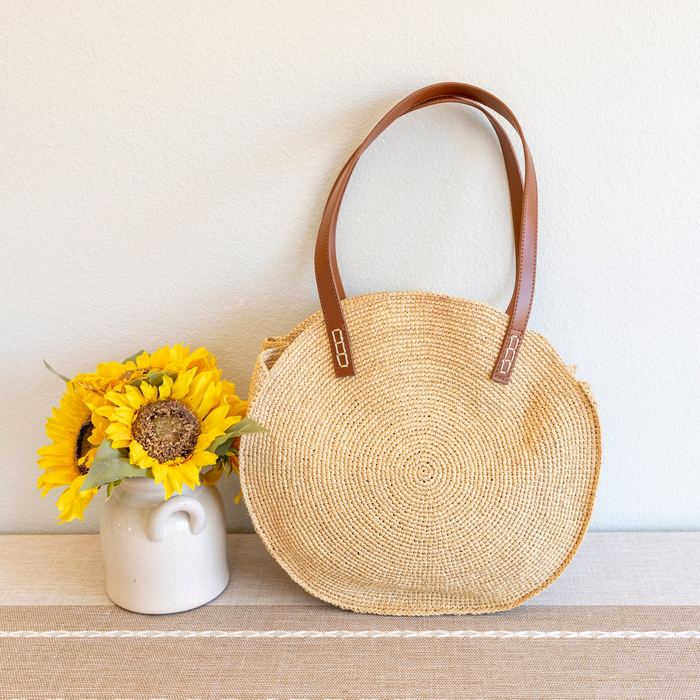Round Raffia Shoulder Bag with Genuine Leather Handles