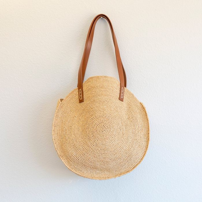 Round Raffia Shoulder Bag with Genuine Leather Handles